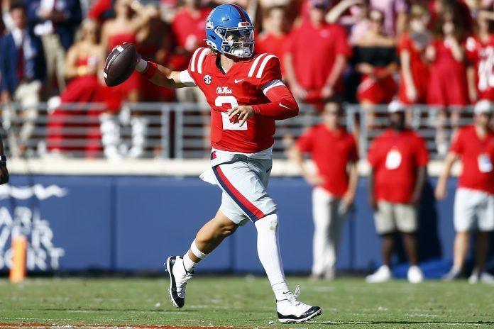 Mississippi Rebels quarterback Jaxson Dart (2) passes the ball during the first half against the Middle Tennessee Blue Raiders at Vaught-Hemingway Stadium. Mandatory Credit: Petre Thomas-Imagn Images