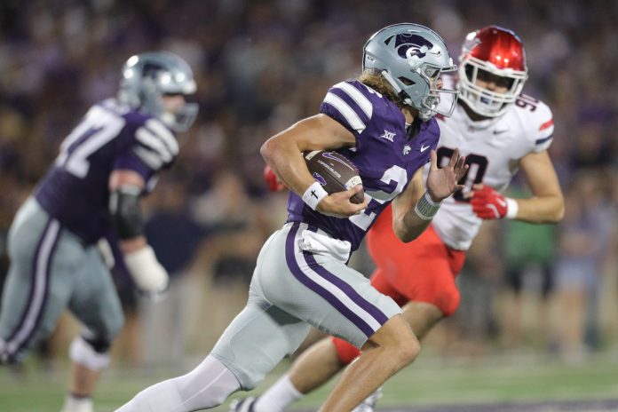 Kansas State Wildcats quarterback Avery Johnson (2) runs the ball during the third quarter of the game against Arizona at Bill Snyder Family Stadium on Friday, September 13, 2024.