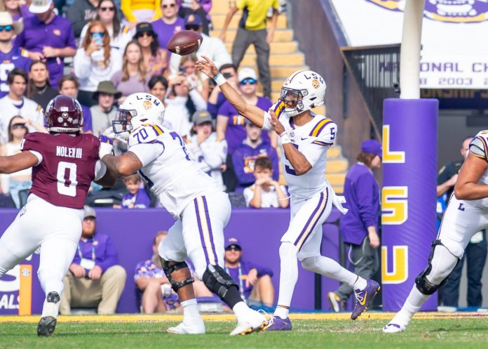 Tigers quarterback Jayden Daniels 5 throws a pass as the LSU Tigers take on Texas A&M in Tiger Stadium in Baton Rouge, Louisiana, November 25, 2023. Is he among the LSU Tigers Heisman winners?