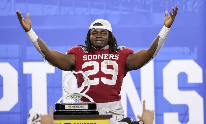 Oklahoma Sooners running back Rhamondre Stevenson (29) wins the offensive MVP award after the game against the Florida Gators at AT&T Stadium. Mandatory Credit: Kevin Jairaj-USA TODAY Sports