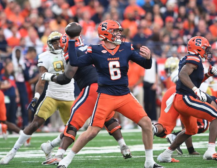 Syracuse Orange quarterback Kyle McCord (6) throws a pass in the second quarter against the Georgia Tech Yellow Jackets at the JMA Wireless Dome.