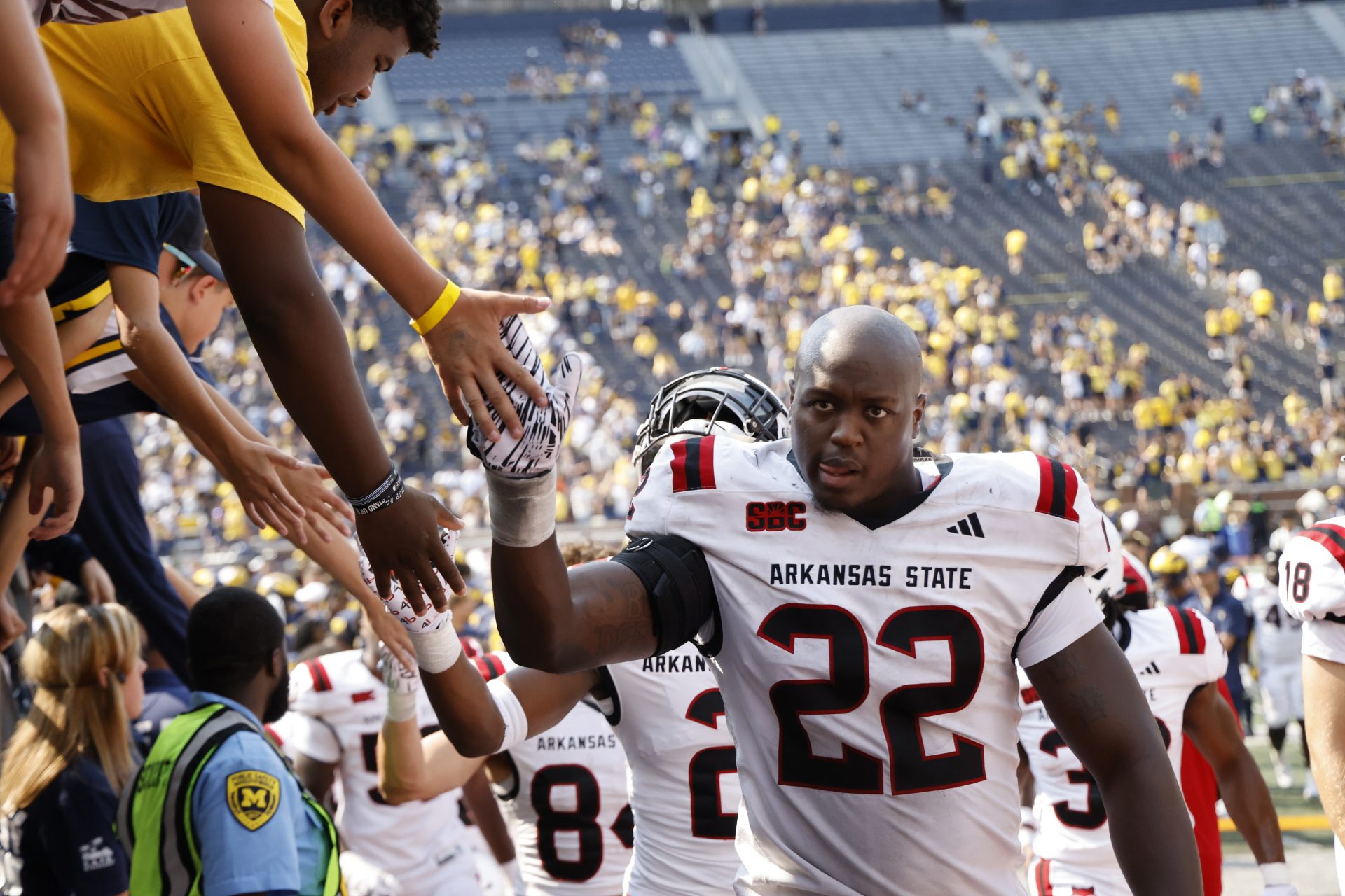 Sep 14, 2024; Ann Arbor, Michigan, USA; Arkansas State Red Wolves defensive end Jayden Jones (22) walks off the field after a game against the Michigan Wolverines at Michigan Stadium. Mandatory Credit: Rick Osentoski-Imagn Images