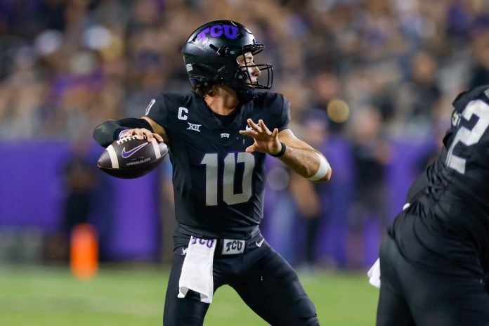 TCU Horned Frogs quarterback Josh Hoover (10) throws a pass during the first quarter against the UCF Knights at Amon G. Carter Stadium.