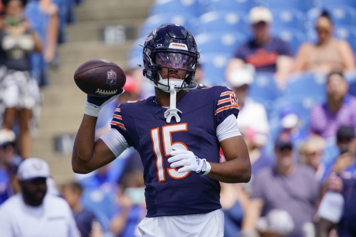 Chicago Bears wide receiver Rome Odunze (15) warms up prior to the game against the Chicago Bears at Highmark Stadium. Mandatory Credit: Gregory Fisher-USA TODAY Sports