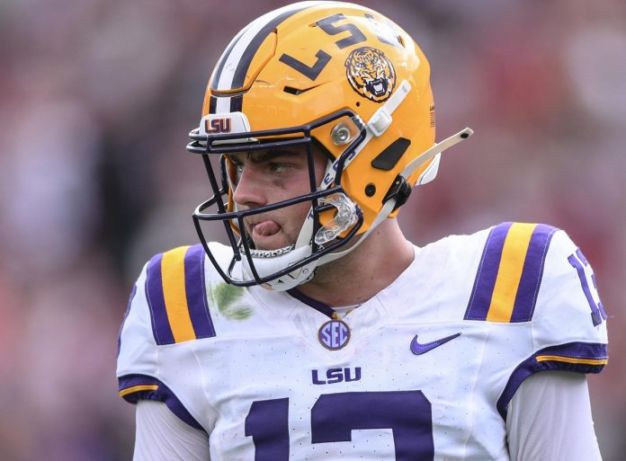 Louisiana State University quarterback Garrett Nussmeier (13) gets ready for an offensive drive against South Carolina during the fourth quarter at Williams-Brice Stadium in Columbia, S.C. Saturday, September 14, 2024.