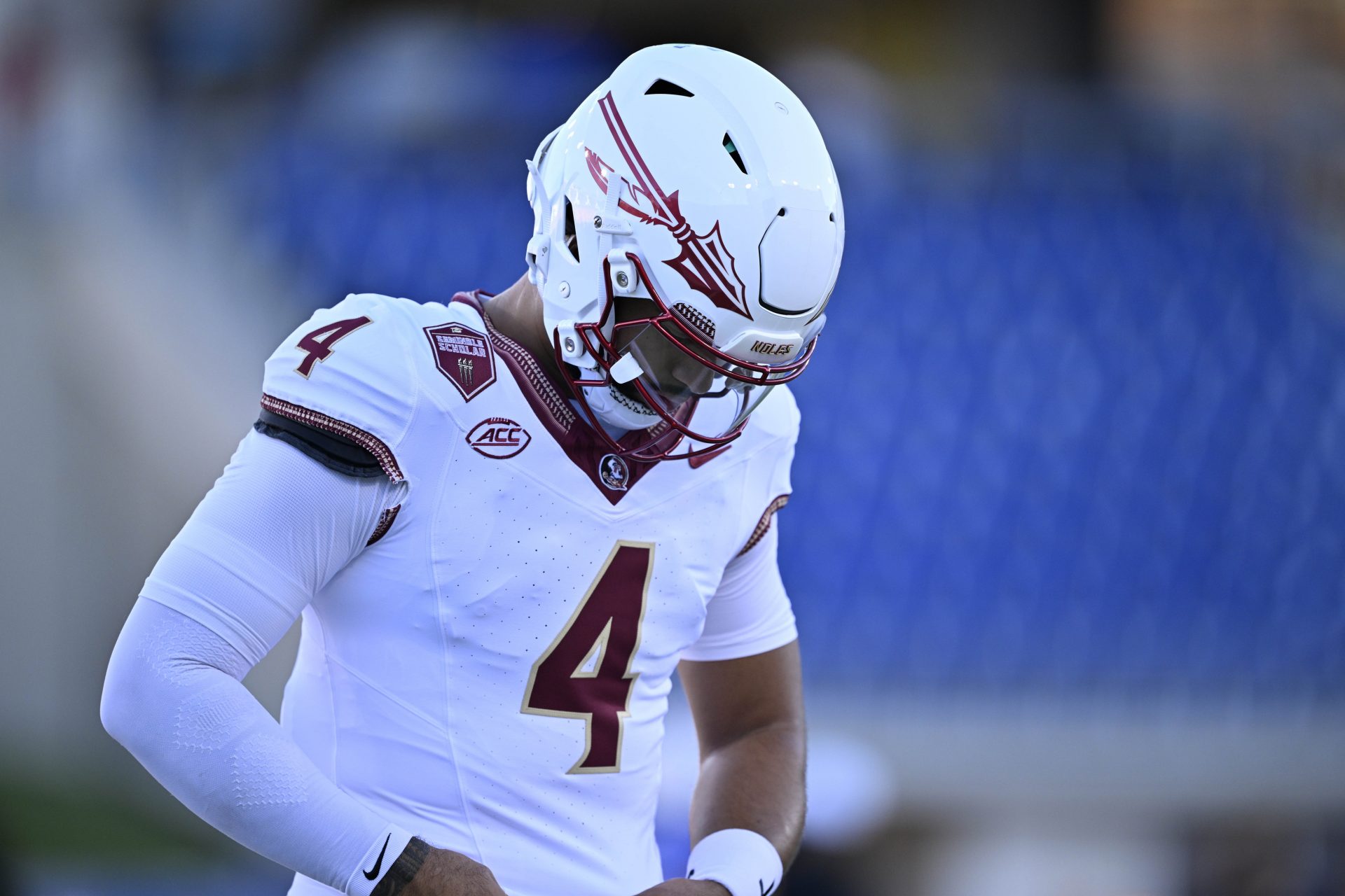 Florida State Seminoles quarterback DJ Uiagalelei (4) before the game between the Southern Methodist Mustangs and the Florida State Seminoles at Gerald J. Ford Stadium.