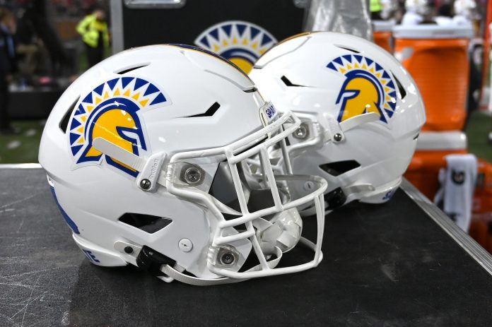 San Jose State Spartans helmets sit during a game against the Washington State Cougars in the second half at Gesa Field at Martin Stadium.