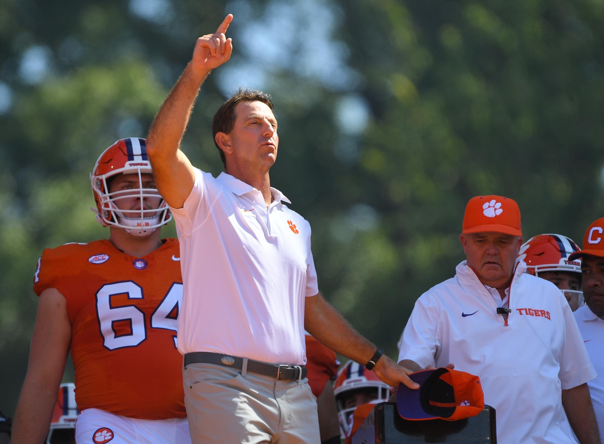 Clemson Tigers head coach Dabo Swinney at Howard's Rock before kickoff against the North Carolina State Wolfpack at Memorial Stadium.