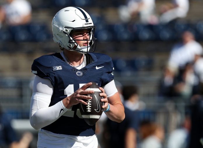 Penn State Nittany Lions quarterback Drew Allar (15) looks to throw a pass during a warmup prior to the game against the UCLA Bruins at Beaver Stadium.