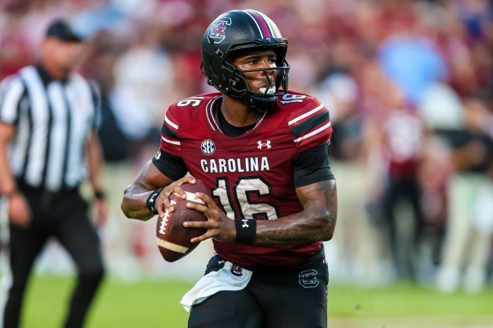 South Carolina Gamecocks quarterback LaNorris Sellers (16) scrambles against the Mississippi Rebels in the second half at Williams-Brice Stadium.