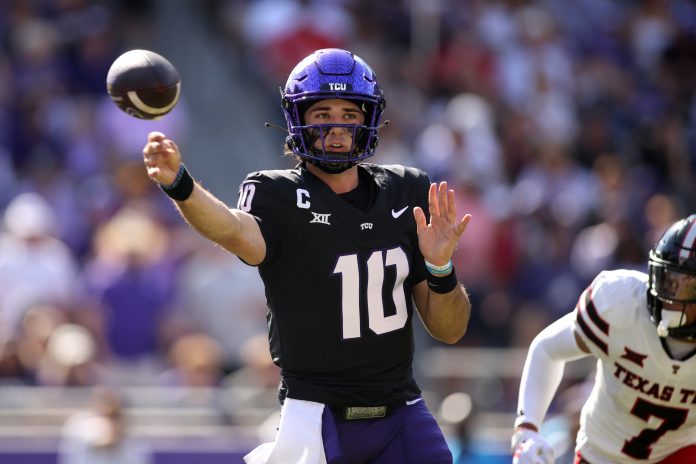 TCU Horned Frogs quarterback Josh Hoover (10) throws a pass against the Texas Tech Red Raiders in the first quarter at Amon G. Carter Stadium.