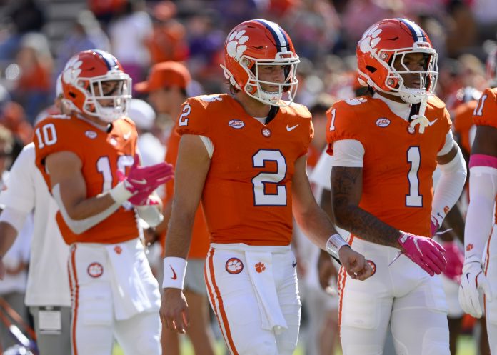 Clemson Tigers quarterback Cade Klubnik (2) looks on prior to the game against the Virginia Cavaliers at Memorial Stadium.