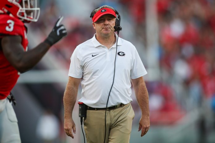 Georgia Bulldogs head coach Kirby Smart on the sideline against the Mississippi State Bulldogs in the third quarter at Sanford Stadium.