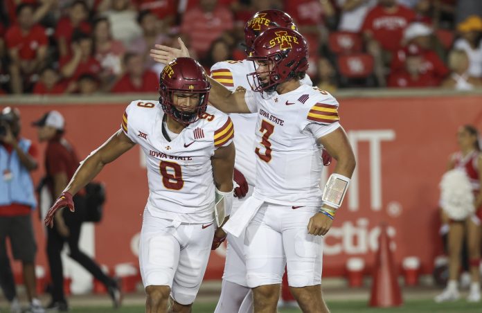 Iowa State Cyclones quarterback Rocco Becht (3) celebrates with wide receiver Jayden Higgins (9) after a touchdown reception during the third quarter against the Houston Cougars at TDECU Stadium.