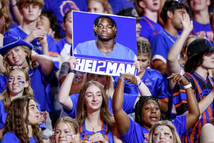 BSU student section shows support for Boise State Broncos running back Ashton Jeanty (not pictured) during the second half against the Washington State Cougars at Albertsons Stadium. Boise State defeated Washington State 45-24.