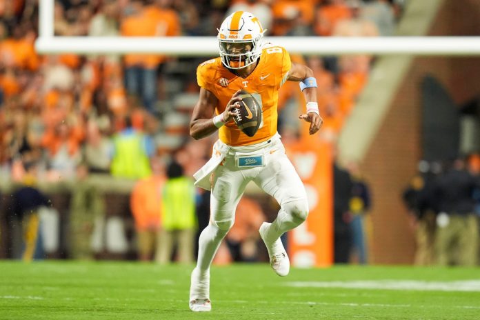 Tennessee quarterback Nico Iamaleava (8) during a college football game between Tennessee and Mississippi State at Neyland Stadium in Knoxville, Tenn., on Saturday, Nov. 9, 2024.