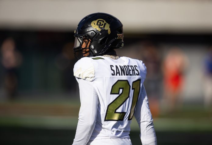 Detailed view of the jersey of Colorado Buffalos safety Shilo Sanders (21) against the Arizona Wildcats at Arizona Stadium.