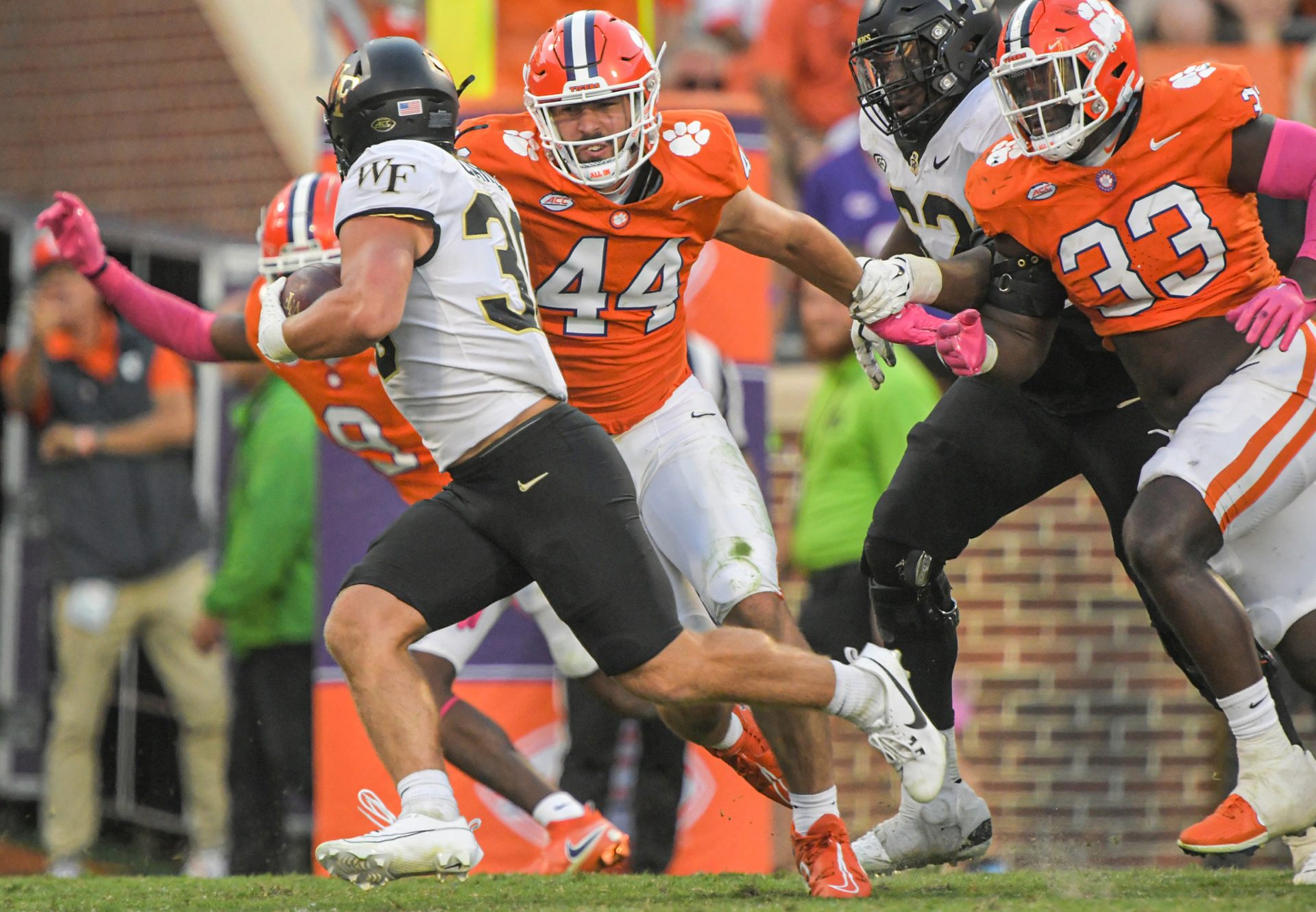 Oct 7, 2023; Clemson, South Carolina, USA; Clemson Tigers defensive end Cade Denhoff (44) chases Wake Forest Demon Deacons running back Tate Carney (30) during the fourth quarter at Memorial Stadium. Mandatory Credit: Ken Ruinard-USA TODAY Sports