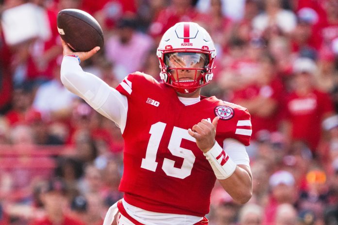 Nebraska Cornhuskers quarterback Dylan Raiola (15) throws a pass against the Rutgers Scarlet Knights during the second quarter at Memorial Stadium.