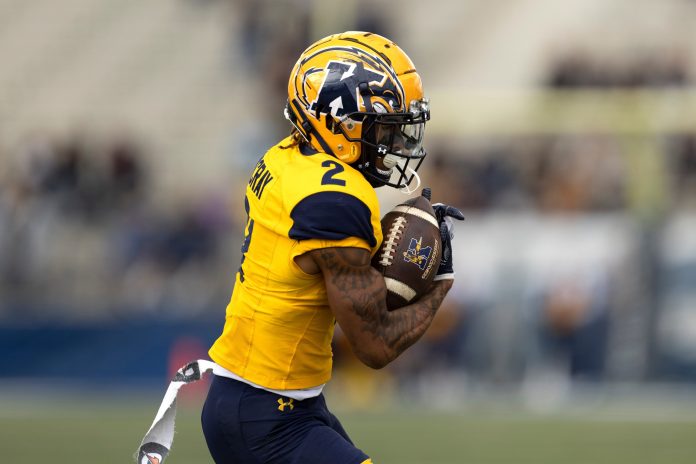 Kent State wide receiver Chrishon McCray turns after a catch against St. Francis (Pa.), Sept. 7, 2024.