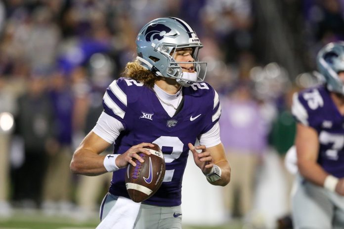 Kansas State Wildcats quarterback Avery Johnson (2) drops back to pass during the third quarter against the Kansas Jayhawks at Bill Snyder Family Football Stadium.