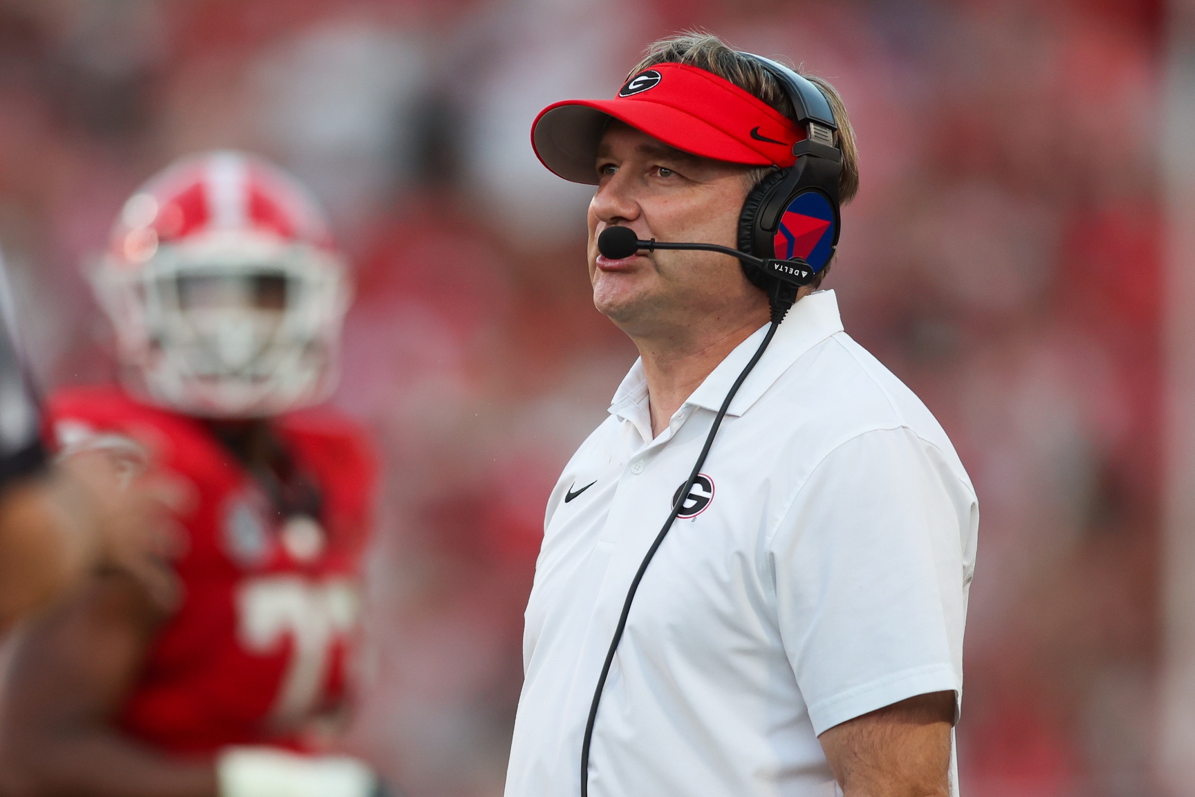 Georgia Bulldogs head coach Kirby Smart on the sideline against the Mississippi State Bulldogs in the third quarter at Sanford Stadium.