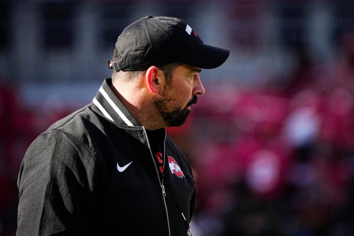 Ohio State Buckeyes head coach Ryan Day watches warm ups prior to the NCAA football game against the Michigan Wolverines at Ohio Stadium in Columbus on Saturday, Nov. 30, 2024.