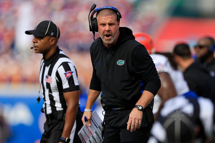 Florida Gators head coach Billy Napier argues with officials during the first quarter of an NCAA college football matchup Saturday, Nov. 2, 2024 at EverBank Stadium in Jacksonville, Fla. The Georgia Bulldogs defeated the Florida Gators 34-20