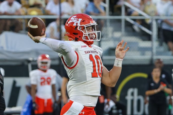 Sam Houston State Bearkats quarterback Hunter Watson (10) passes the ball during the first quarter against the UCF Knights at FBC Mortgage Stadium.