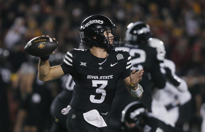 Iowa State Cyclones quarterback Rocco Becht (3) passes the ball against Cincinnati during the third quarter in the week-12 NCAA football at Jack Trice Stadium.