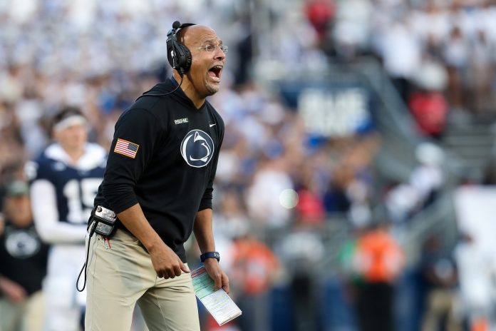 Penn State Nittany Lions head coach James Franklin reacts from the sideline during the fourth quarter against the Kent State Golden Flashes at Beaver Stadium.