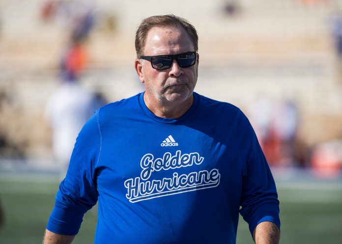 Tulsa Golden Hurricane head coach Kevin Wilson during warmups before a game against the Oklahoma State Cowboys at Skelly Field at H.A. Chapman Stadium.