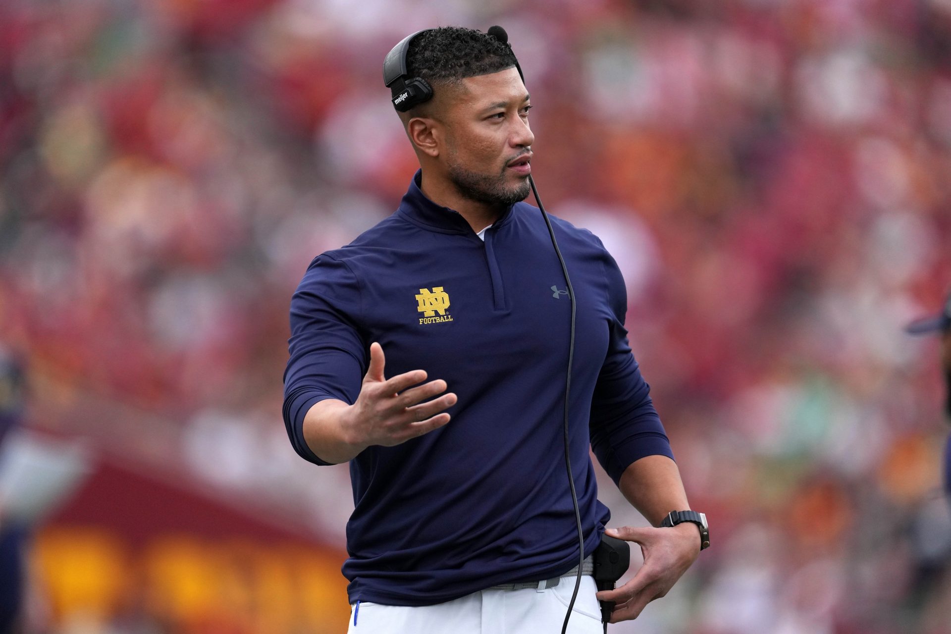 Notre Dame Fighting Irish head coach Marcus Freeman reacts in the first half against the Southern California Trojans at United Airlines Field at Los Angeles Memorial Coliseum.