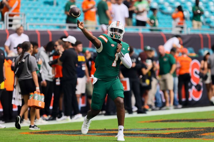 Miami Hurricanes quarterback Cam Ward (1) throws the football before the game against the Duke Blue Devils at Hard Rock Stadium.