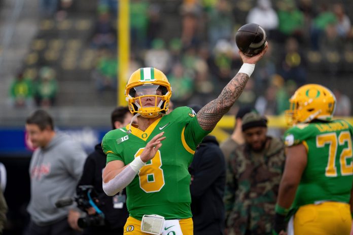 Oregon quarterback Dillon Gabriel throws out a pass as the Oregon Ducks host the Maryland Terrapins at Autzen Stadium Saturday, Nov. 9, 2024 in Eugene, Ore.