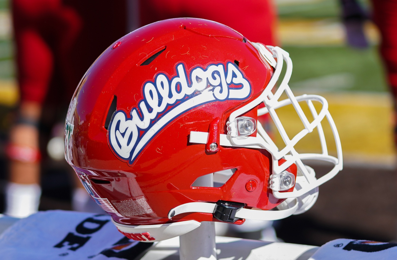 A general view of the Fresno State Bulldogs helmet during a game against the Wyoming Cowboys at Jonah Field at War Memorial Stadium.