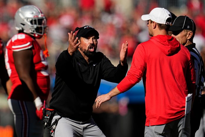 Ohio State Buckeyes head coach Ryan Day reacts to a targeting call on linebacker Arvell Reese during the second half of the NCAA football game against the Nebraska Cornhuskers at Ohio Stadium.