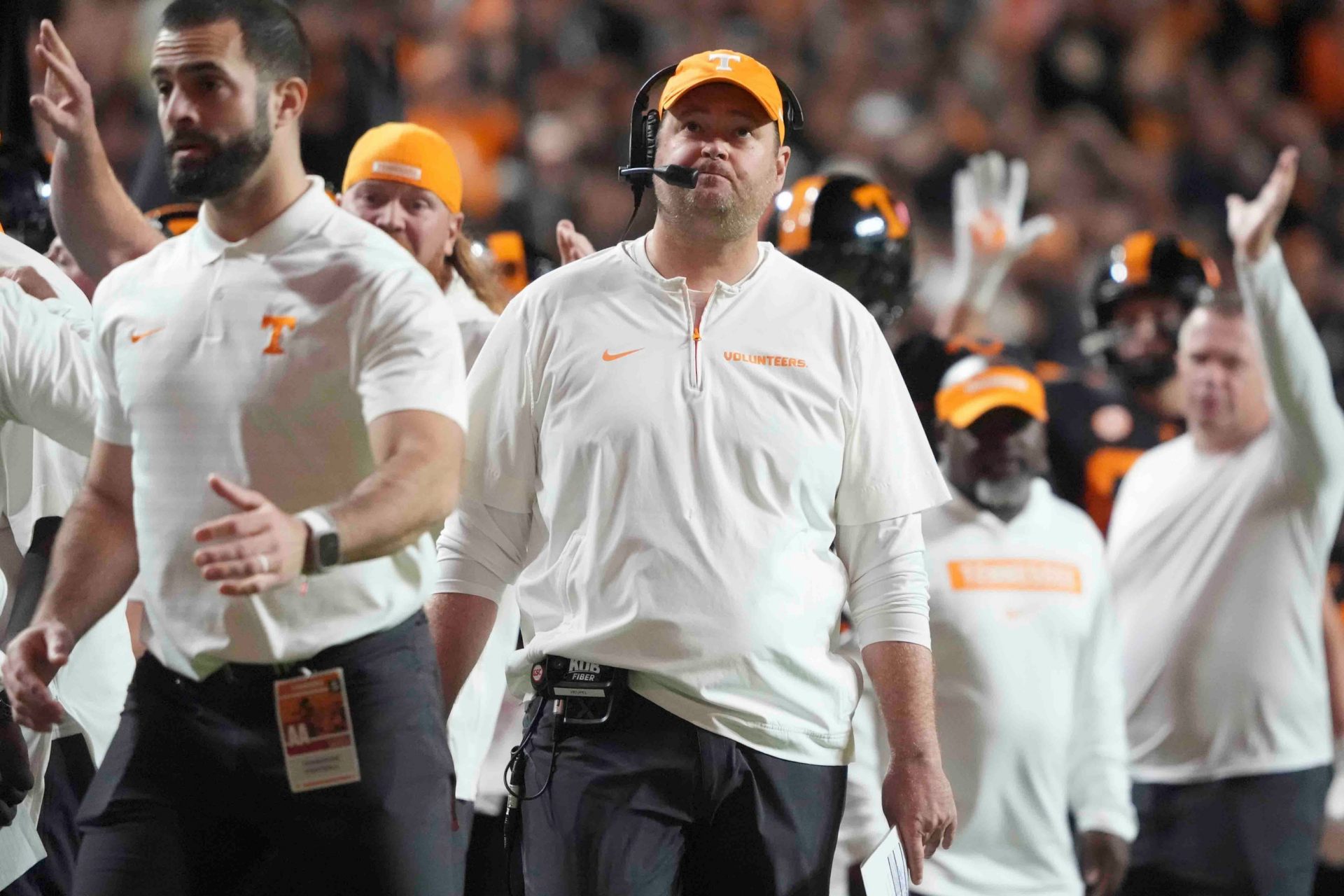 Tennessee head coach Josh Heupel looks at the scoreboard after a touchdown during a game between Tennessee and Kentucky at Neyland Stadium in Knoxville, Tenn., Saturday, Nov. 2, 2024.