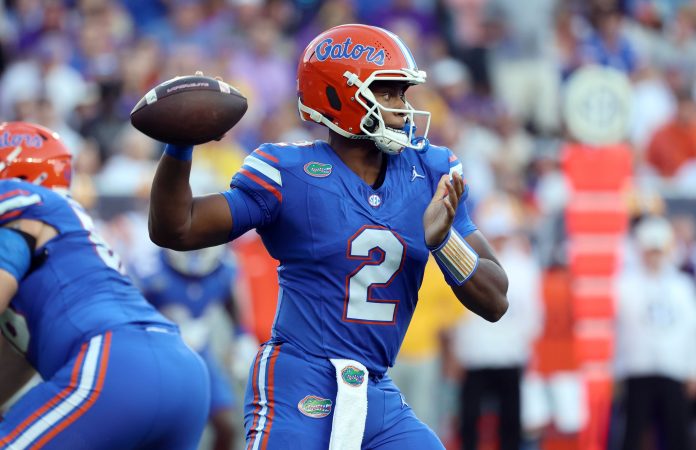 Florida Gators quarterback DJ Lagway (2) throws the ball against the LSU Tigers during the first half at Ben Hill Griffin Stadium.