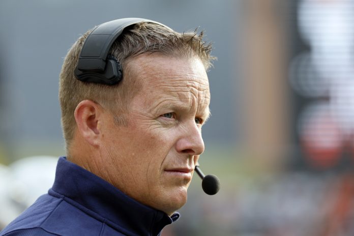 Montana State Bobcats head coach Brent Vigen looks on during the first half against the Oregon State Beavers at Providence Park.