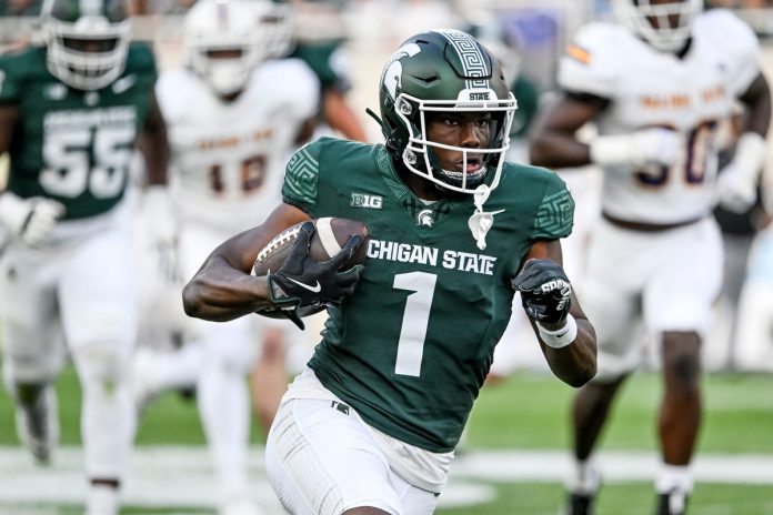 Michigan State's Antonio Gates Jr. runs after a catch against Prairie View A&M during the fourth quarter on Saturday, Sept. 14, 2024, at Spartan Stadium in East Lansing.