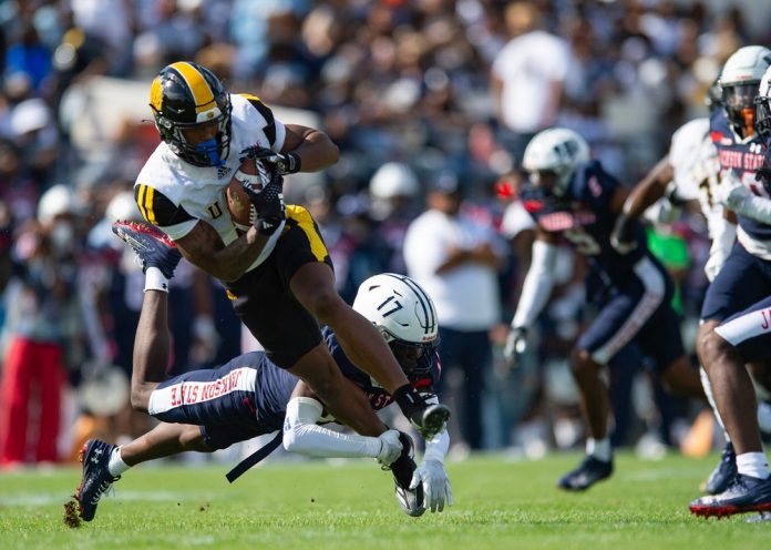 Jackson State Tigers' defensive back KJ Chisholm (17) misses Arkansas-Pine Bluff Golden Lions' wide receiver Javonnie Gibson (11) during the game in Jackson, Miss., on Saturday, Nov. 2, 2024.