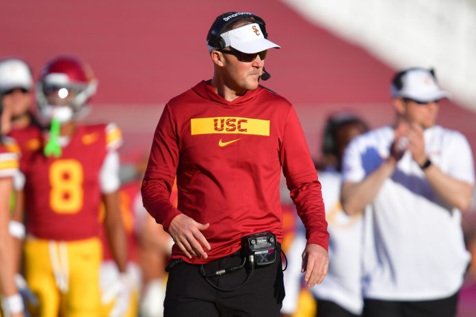 Southern California Trojans head coach Lincoln Riley watches game action against the Nebraska Cornhuskers during the second half at the Los Angeles Memorial Coliseum.