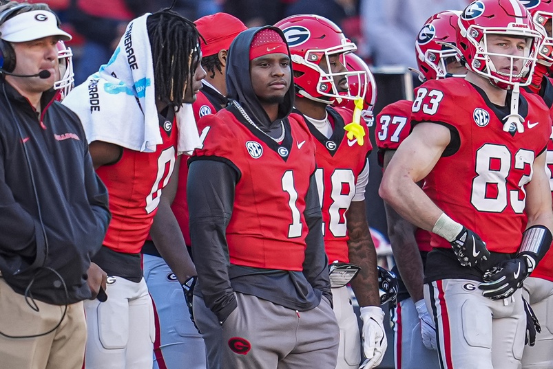 Georgia Bulldogs running back Trevor Etienne (1) shown on the sideline against the Massachusetts Minutemen during the second half at Sanford Stadium.