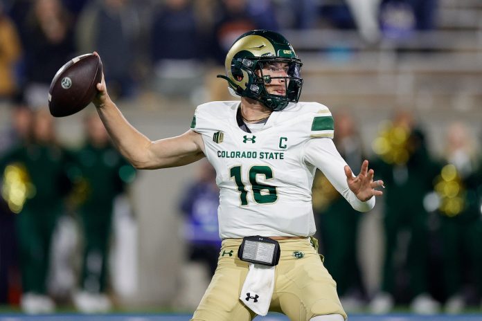 Colorado State Rams quarterback Brayden Fowler-Nicolosi (16) looks to pass in the fourth quarter against the Air Force Falcons at Falcon Stadium.