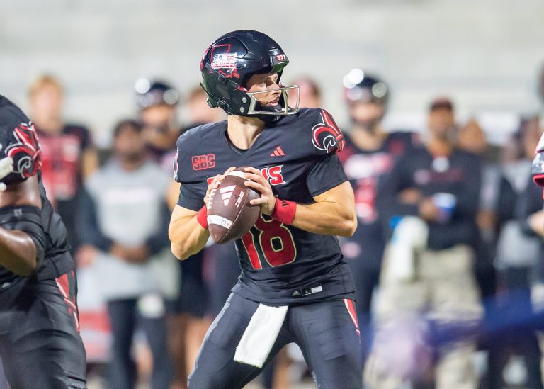 Quarterback Chandler Fields 18 as Louisianas Ragin Cajuns take on South Alabama at Cajun Field in Lafayette, LA. Saturday, Nov. 16, 2024.