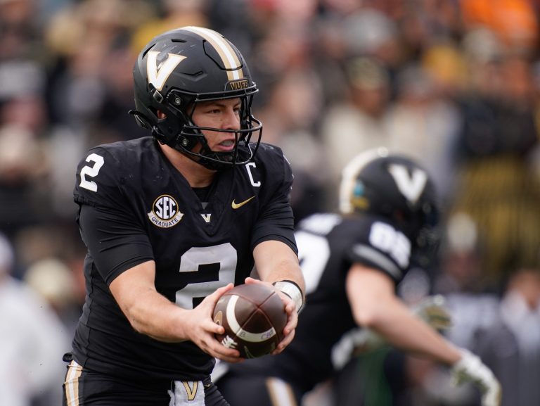 Vanderbilt quarterback Diego Pavia (2) gets into position during the third quarter at FirstBank Stadium in Nashville, Tenn., Saturday, Nov. 30, 2024.