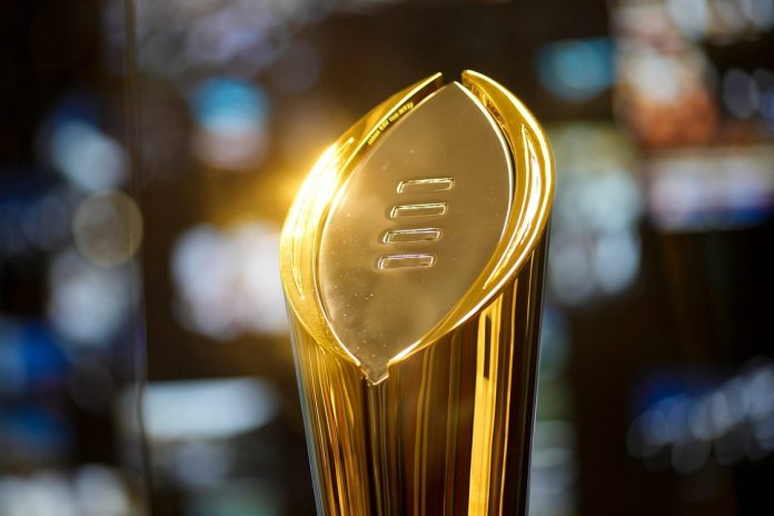 The College Football Playoff trophy inside the College Football Hall of Fame during media day for the Peach Bowl on Dec 29, 2022.