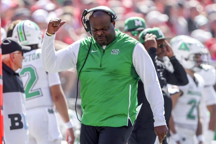 Marshall Thundering Herd head coach Charles Huff during the first quarter against the Ohio State Buckeyes at Ohio Stadium.