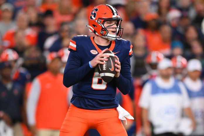 Syracuse Orange quarterback Kyle McCord (6) drops back to pass against the Miami Hurricanes during the first half at the JMA Wireless Dome.